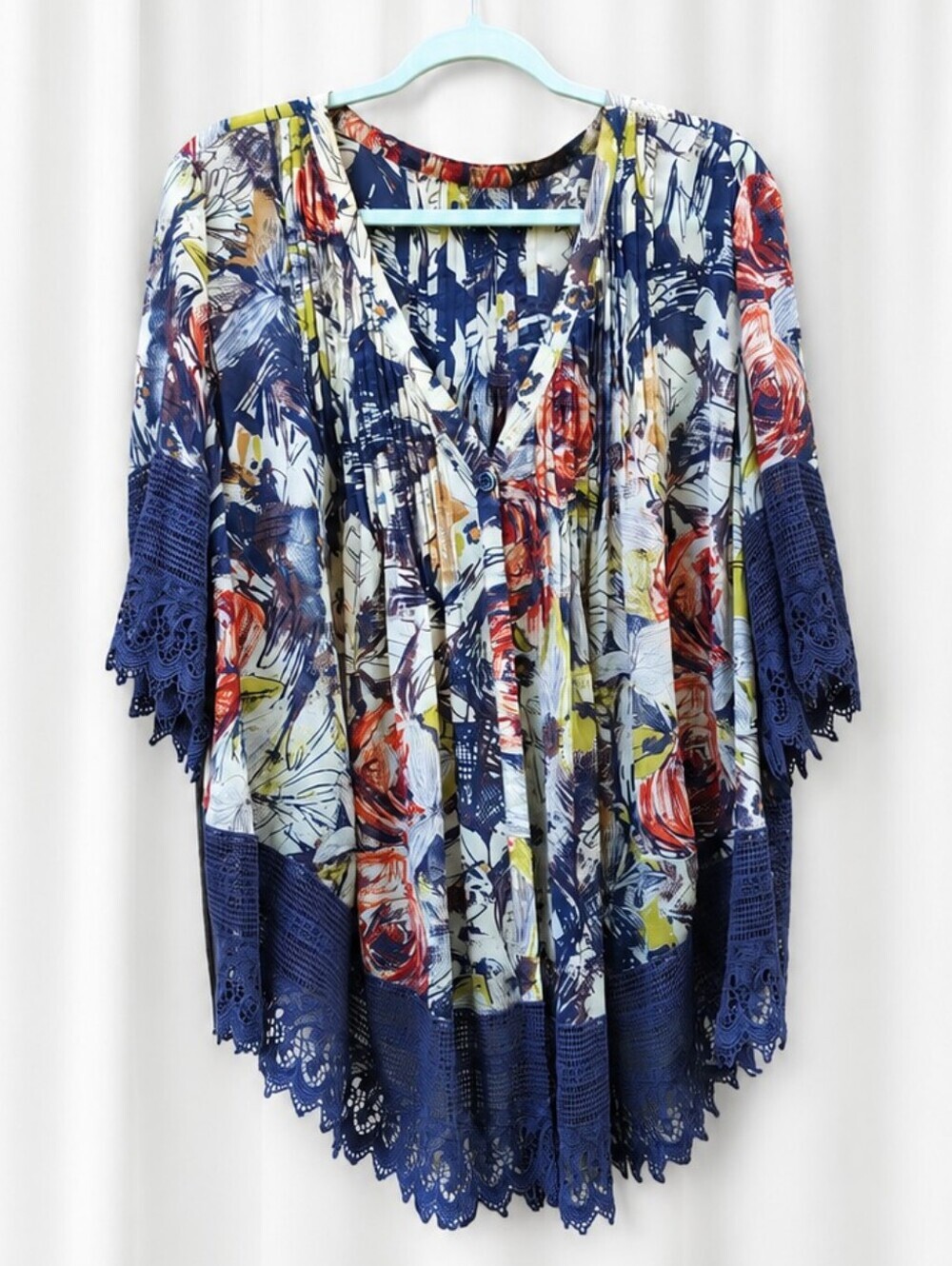Coldwater Creek Silk Cardigan Lace Trim One Button Front Shrug 2X Floral Layer